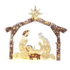 6ft Brown Roof 190LED Lights Nativity Scene Garden Jesus Decoration