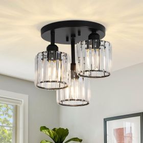 Crystal Semi Flush Mount Ceiling Light,3-Light Modern Close To Ceiling Light Fixtures,Black Kitchen