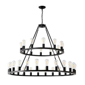 48 Inch Black Extra Large Wagon Wheel Chandelier, 2 Tier 36-Lights No Include Farmhouse Industrial Round High Ceiling Pendant Light Adjustable Chain,